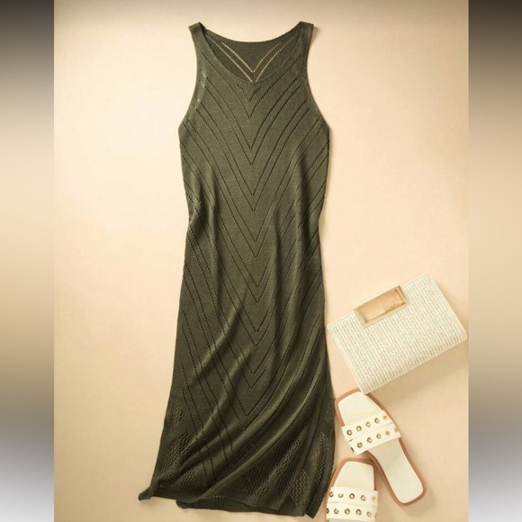 Crochet maxi dress crochet swim coverup dress sleeveless knit olive green - Picture 7 of 7